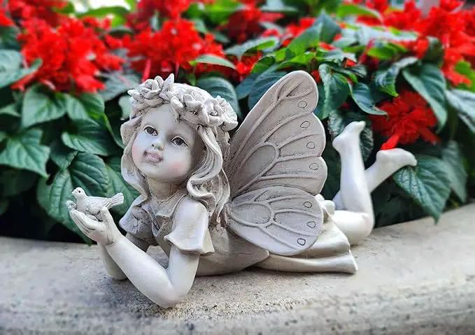 MeritMode Fairy Flower Garden Outdoor Statue - Angel Holding Bird and Butterfly, 11" Width, Cherub Decor and Grandma Gifts, Patio and Yard by GreenHaven Gardens