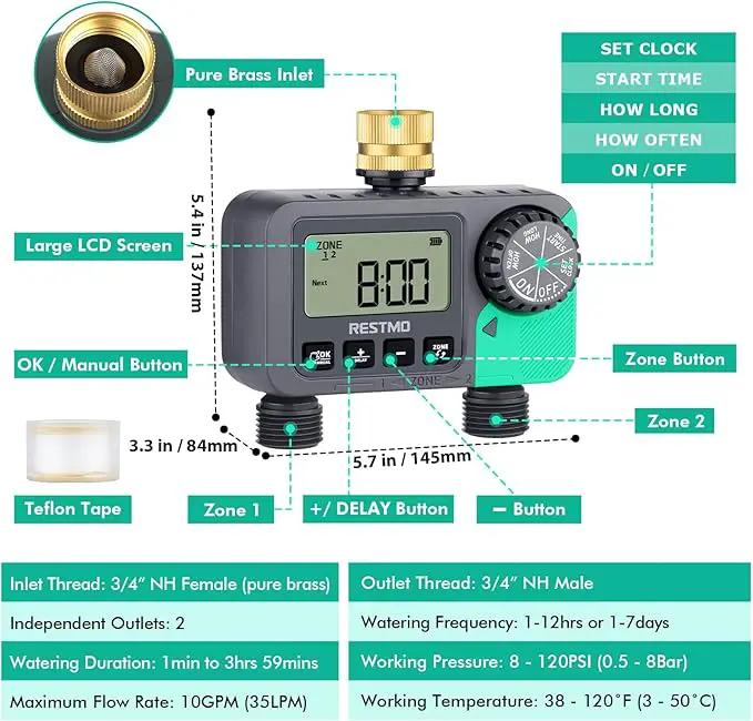 RESTMO Water Timer for Garden Hose, Sprinkler Timer with Brass Inlet, Automatic Digital Control | Manual ON/Off | Rain Delay, for Outdoor Faucet, Drip Irrigation and Lawn, 2 Outlet by GreenHaven Gardens