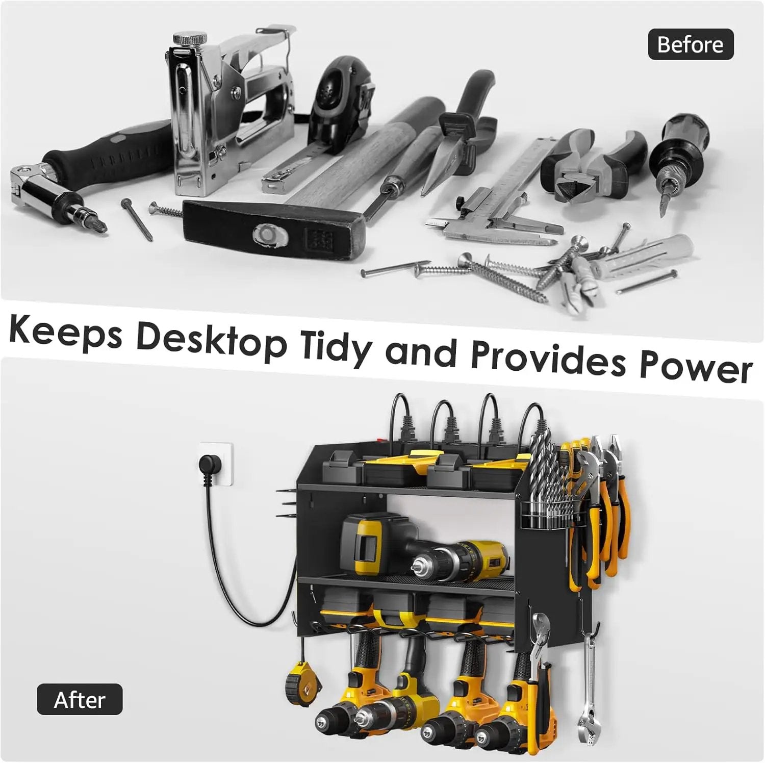 CCCEI Modular Power Tool Organizer Wall Mount with Charging Station. Garage 4 Drill Storage Shelf with Hooks, Screwdriver, Drill Bit Heavy Duty Rack, Tool Battery Holder Built in 8 Outlet Power Strip. by GreenHaven Gardens
