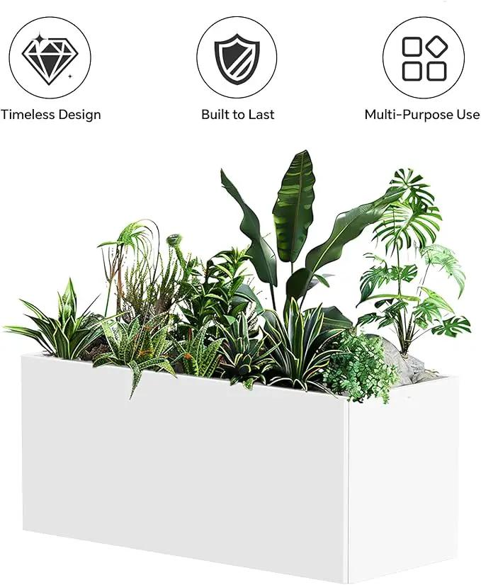 Outdoor Metal Planter Box - Heavy-Duty Rectangular Trough, All-Weather Rust-Resistant Design with 6 Drainage Holes | Large 36x15x15 Inch for Patio, Porch & Garden, White by GreenHaven Gardens