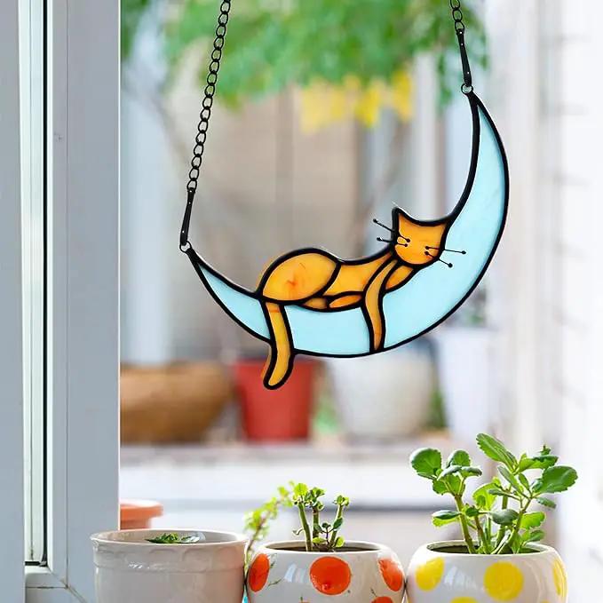 BOXCASA Sleeping Cat Stained Glass Windown Hanging,Orange Cat on Moon Beautiful Handcrafted Sun Catcher Gifts for Daughter,Mothers Day,Christmas and Cat Lover by GreenHaven Gardens