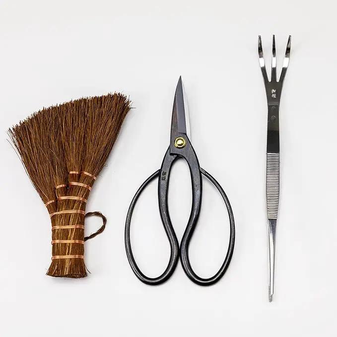 Wazakura Japanese Bonsai Garden 3PCS Tool Starter Kit, Made in Japan, Traditional Bonsai Scissors, Stainless Tweezers with Rake, Chinese Broom. Beginner Set wit Tweezers, Shears and Brush by GreenHaven Gardens