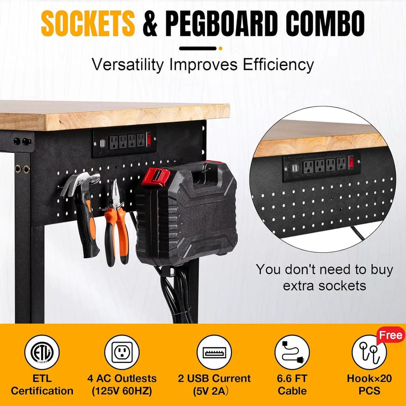 Adjustable Height Workbench, Heavy Duty Table Rubber Wood Workstation with Power Outlet & Pegboard for Garage, Office, Workshop, Home,Commercial (48"×24") by GreenHaven Gardens