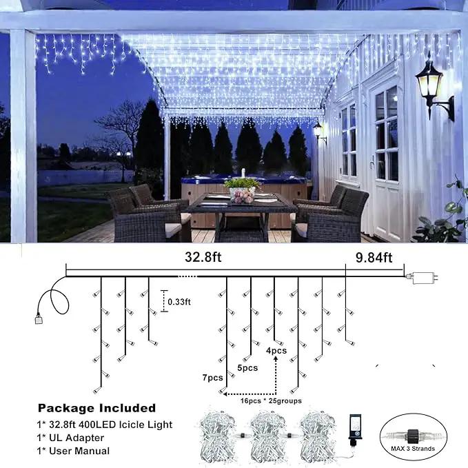 Icicle Lights for Outside, 33FT 400 LED Icicle Christmas Lights with 8 Modes 75 Drops, Waterproof Plug in Curtain String Lights for Outdoor Indoor House Yard Roof Wedding Decorations, White by GreenHaven Gardens