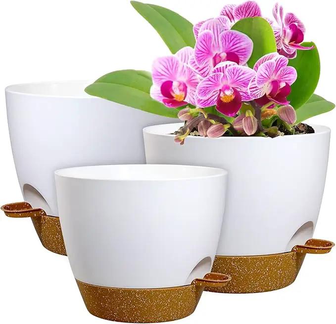 10/9/8 inch Medium Self Watering Pots, Planter, Plant Pots with Mesh Drainage Holes for Indoor Outdoor Garden Plants, Plastic Flower Pots with Removable Deep Reservoir, White with Brown by GreenHaven Gardens