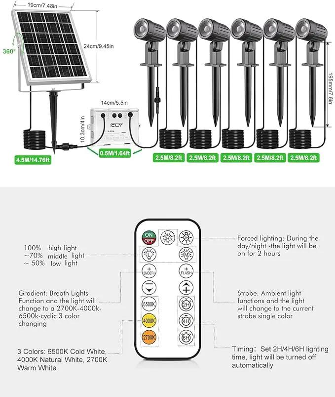 CLY 6 in 1 Solar Spotlights Landscape Outdoor Garden, Solar Spotlights IP66 Waterproof Landscape Lighting with Remote 18M Cable for Garden, Lawn, Patio, 2700K/4000K/6500K by GreenHaven Gardens