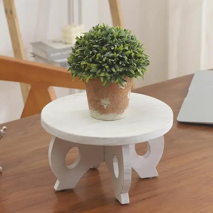 Small Plant Stand Kitchen Display Stand 10 inch Plant Holder Plant Stool Round Stand Risers Farmhouse Rustic Balcony Decor Pedestal Board Washed White by GreenHaven Gardens