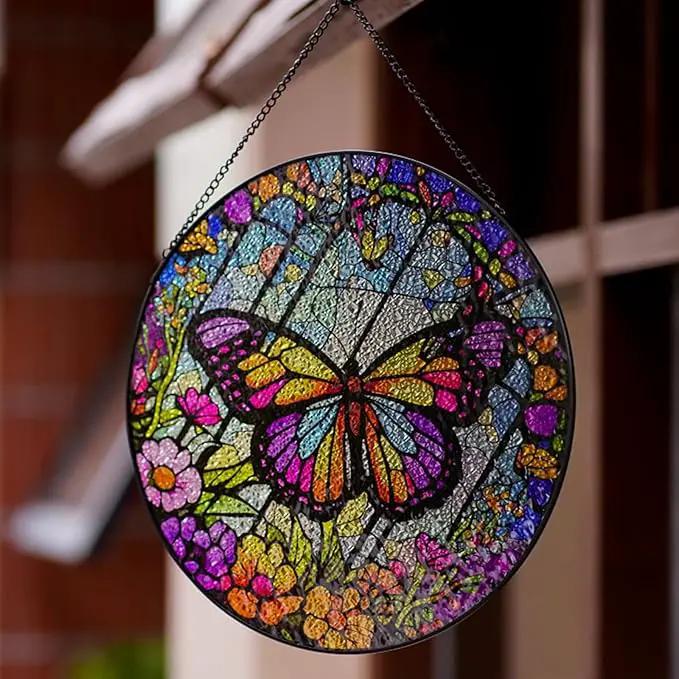 Butterfly Stained Glass Suncatcher Artistic Window Hanging,7.8” Hand-Painted Glass Panel Wall Home Decor,Gift for Women Garden Decor Suncatcher, BL009 by GreenHaven Gardens
