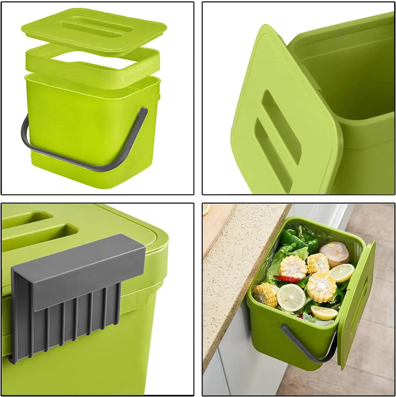 LALASTAR 1.8 Gallon Hanging Trash Can, Green, Plastic, Compost Bin Indoor Kitchen Sealed, Small Trash Can with Lid, Mountable by GreenHaven Gardens