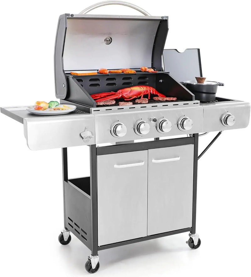 Captiva Designs 4-Burner Propane Gas BBQ Grill with Side Burner & Porcelain-Enameled Cast Iron Grates, 42,000 BTU Output Stainless Steel Grill for Outdoor Cooking Kitchen and Patio Backyard Barbecue by GreenHaven Gardens