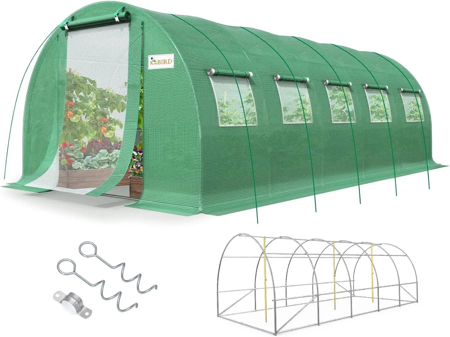 KING BIRD Premium 25x10x6.6FT Greenhouse for Outdoors, Large Walk-in Heavy Duty Galvanized Steel Frame, Mesh Door Screen Window Upgraded Zipper Tunnel Hoop for Garden Plant Winter, Green by GreenHaven Gardens