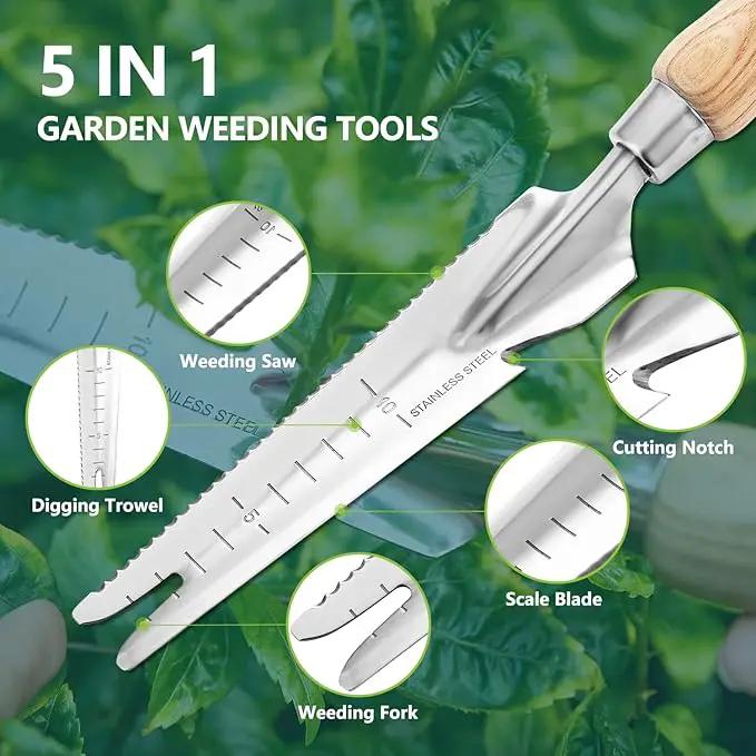 Berry&Bird Garden Hand Weeding Trowel, Stainless Steel Weeder Tool for Gardening with Wooden Handle, Multifunctional Manual Weed Puller & Digging Knife for Planting Transplanting Cutting Measuring by GreenHaven Gardens