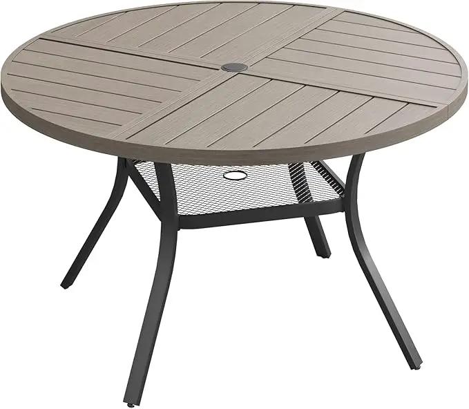 DIFY 40.6" Round Outdoor Patio Dining Table for 4, All-Weather Metal Steel Slatted Patio Table with 1.57" Adjustable Umbrella Hole, for Lawn Garden Porch Backyard, Grey Wood-Like by GreenHaven Gardens