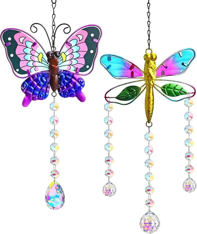YU FENG Set 2 Suncatchers with Crystals,Stained Glass Butterfly Dragonfly Sun Catchers Window Garden Hanging Decoration Ornament,Prism Rainbow Maker Pendant by GreenHaven Gardens