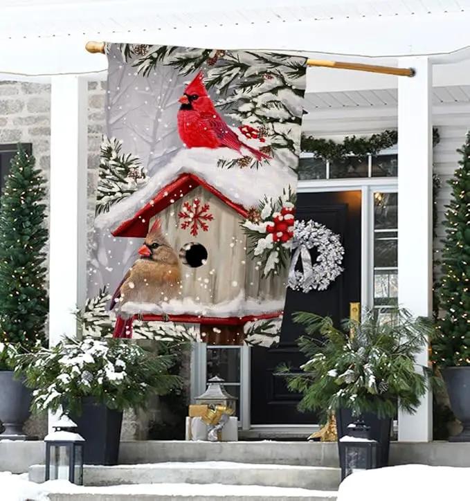 BLKWHT Winter Cardinal Bird House Flag 28 x 40 Vertical Double Sided Trees Snow Christmas Holiday Outside Decorations Burlap Yard Flag BW735-40 by GreenHaven Gardens