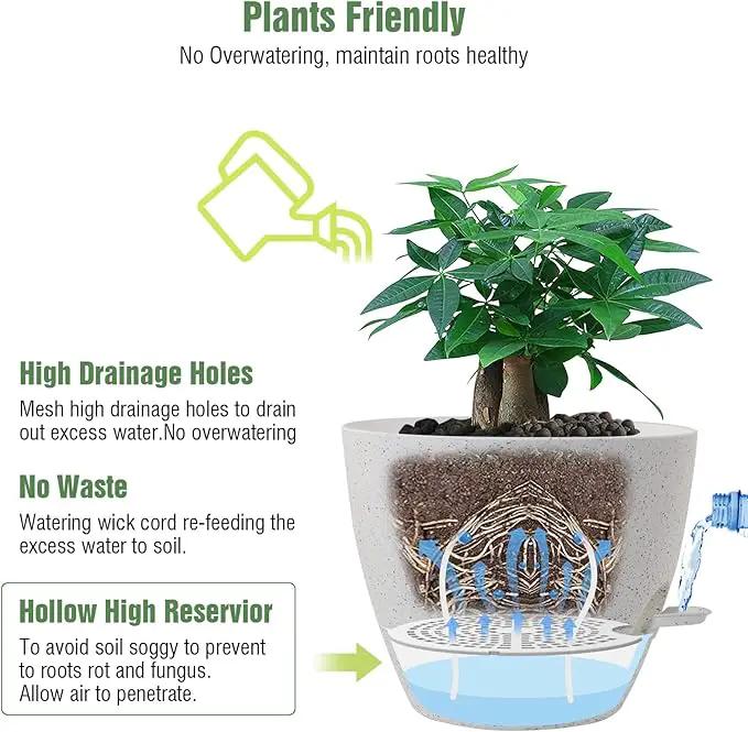 12 inch Large Self Watering Pots, Plastic Planters with 60oZ Removable Deep Reservoir and Multi Mesh Drainage Holes for Indoor Outdoor Garden Plants and Flowers, White Speckles by GreenHaven Gardens