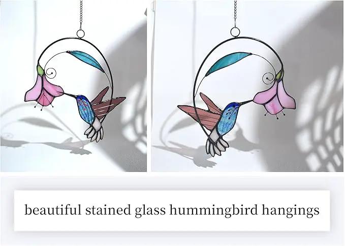 Lolitarcrafts Stained Glass Hummingbird Window Hangings with Flowers, Bird Stained Glass Suncatcher for Window Decor Hummingbird Gifts for Mom,Bird Lovers (Blue with Flower B) by GreenHaven Gardens