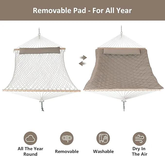 ANOW 2 Person Hammock with Spreader Bars, Rope Hammock with Pad for Outside, 450 LBS Weight Capacity, Light Brown by GreenHaven Gardens