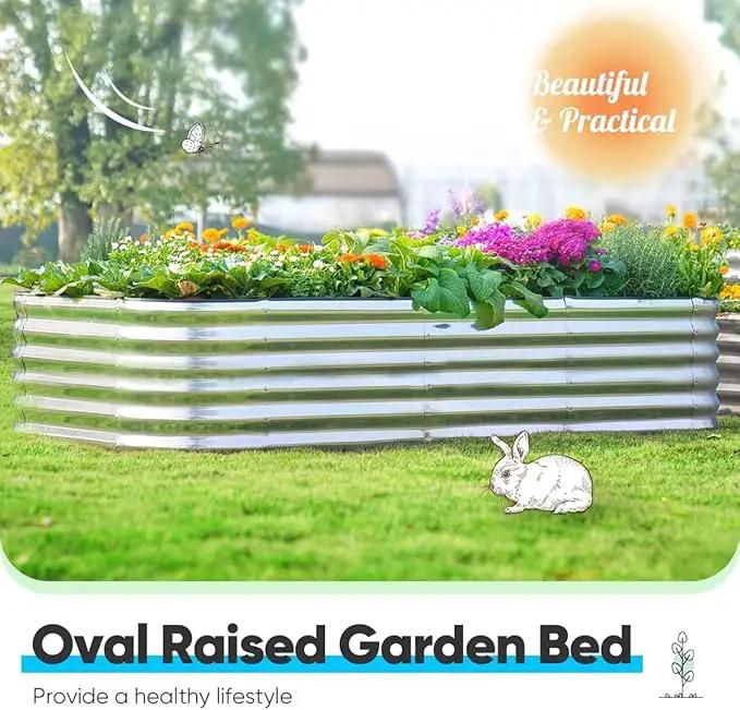 Quictent Raised Garden Bed Kit Oval Galvanized Metal Planter Box Tall for Vegetables Outdoor Backyard, Rubber Strip Edging Included, Silver 8x4x1.5 ft by GreenHaven Gardens