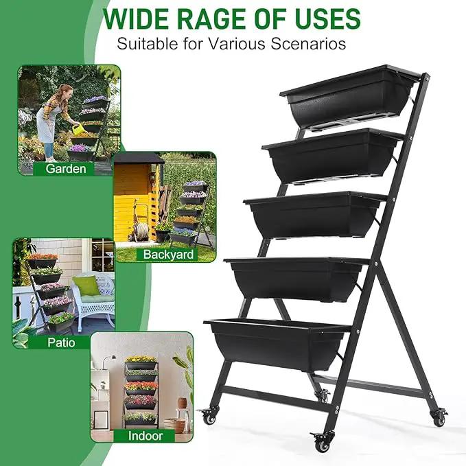 Outvita 4.4 FT Vertical Garden Bed, 5 Tier Vertical Raised Planter, Removable Black Raised Bed Box with 4 Wheels, Movable Elevated Vegetable Flower Planter for Patio Yard Indoor Outdoor by GreenHaven Gardens
