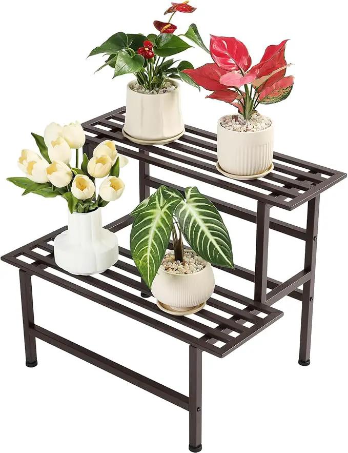 Metal Plant Stand Outdoor Plant Shelf Indoor,2 Tier Heavy Duty Ladder Plant Stands for Multiple Plants,26" L x 20.25" H x 17.75" W,Coffee by GreenHaven Gardens