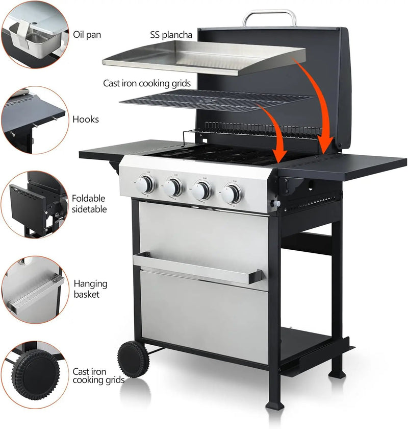 4-Burner Propane Gas BBQ Grill with SS Plancha, 49,200 BTU Output, Wire Enamel Cooking Grids, Foldable Side Table and Hanging Basket, Heavy-Duty Stainless Steel Grill by GreenHaven Gardens