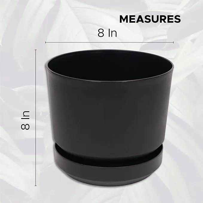 Elly Décor 8 inch Plastic Cylinder Planter Pot with Self-Watering Saucer and Drainage Hole,Lightweight & Extremely Durable, 8"x 8", Black by GreenHaven Gardens