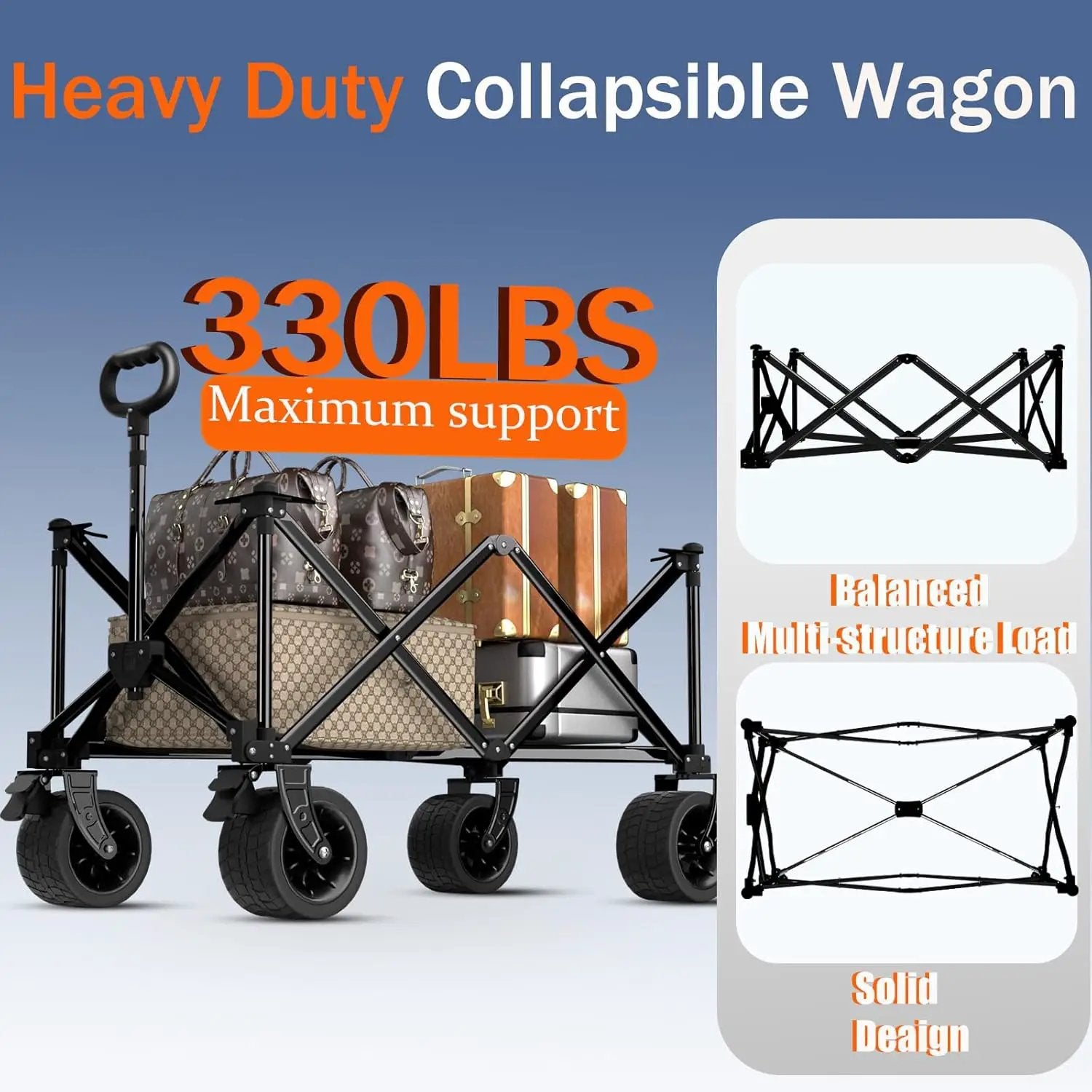 Collapsible Wagon Cart with Silent All-Terrain Wheels, Foldable Heavy Duty Beach Wagon with 330LB,Folding Cart with Cup Holders and Brakes for Camping, Garden,Shopping,Sports Black by GreenHaven Gardens
