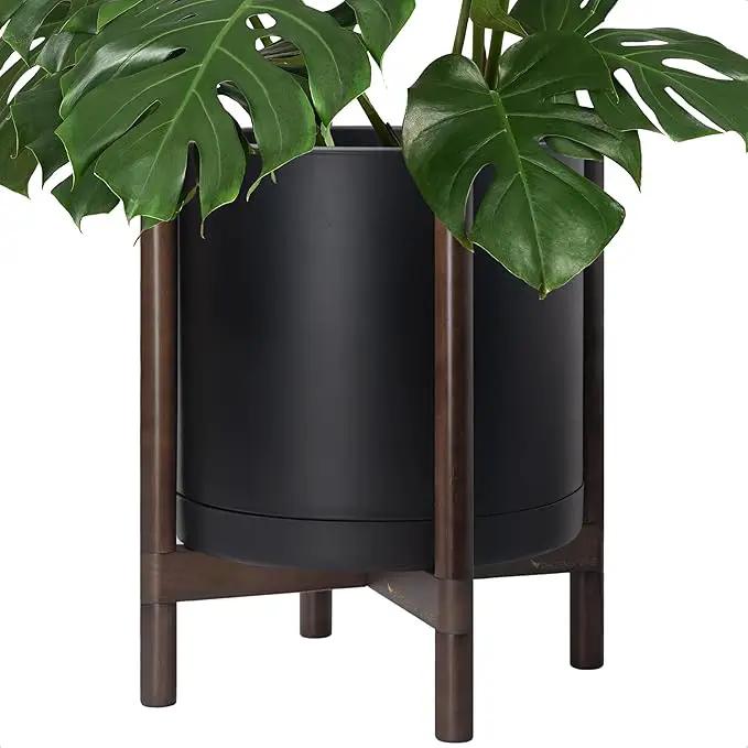 D'vine Dev Planter Pot with Stand - 16 Inch Plastic Cylinder Flower Pot with Wood Planter Holder for Indoor, Matte Black Pot + Walnut Color Stand, 55-C-X-2 by GreenHaven Gardens