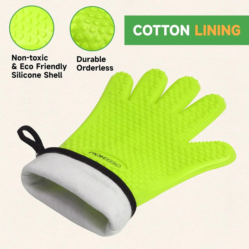 GEEKHOM BBQ Gloves Heat Resistant Oven Mitts - Silicone Grilling Gloves with 13.7" Arm Protection - Waterproof Pot Holder Non-Slip for Men & Women, Kitchen Outdoor Cooking, Baking, Camping, Green by GreenHaven Gardens