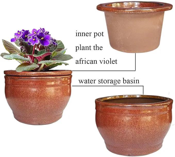 African Violet Pots Self Watering Round Ceramic Violet Pot (Copper, 6 inch) by GreenHaven Gardens