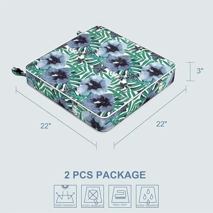 LVTXIII Patio Chair Cushions 22"x22"x3", Water-Repellent Outdoor Seat Cushions for Patio Furniture, Square Chair Pads with Ties for Home Garden Decoration, Set of 2, Blue Salmone Tropical by GreenHaven Gardens