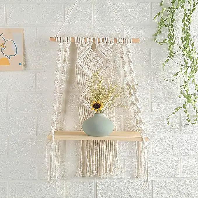 Mong Handmade Macrame Wall Hanging Shelf, Boho Indoor Rope Plant Pot Basket Hanger Holder, Rope Plant Hanger for Wall Decor Indoor Outdoor by GreenHaven Gardens