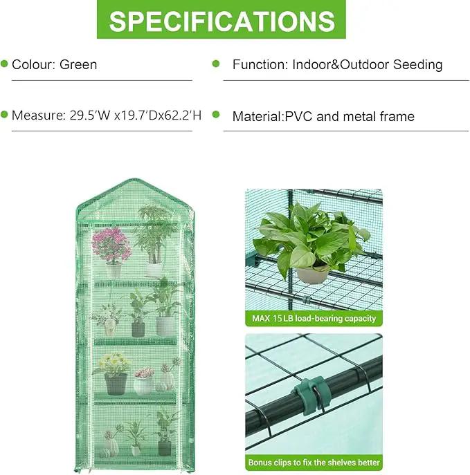 Oneness Mini 4-Tier Greenhouse, Indoor and Outdoor Reusable Portable Warm House with Green PVC Cover and Metal Shelf for Seeding in All Season, 29.5”W x 19.7”D x 62.2”H by GreenHaven Gardens