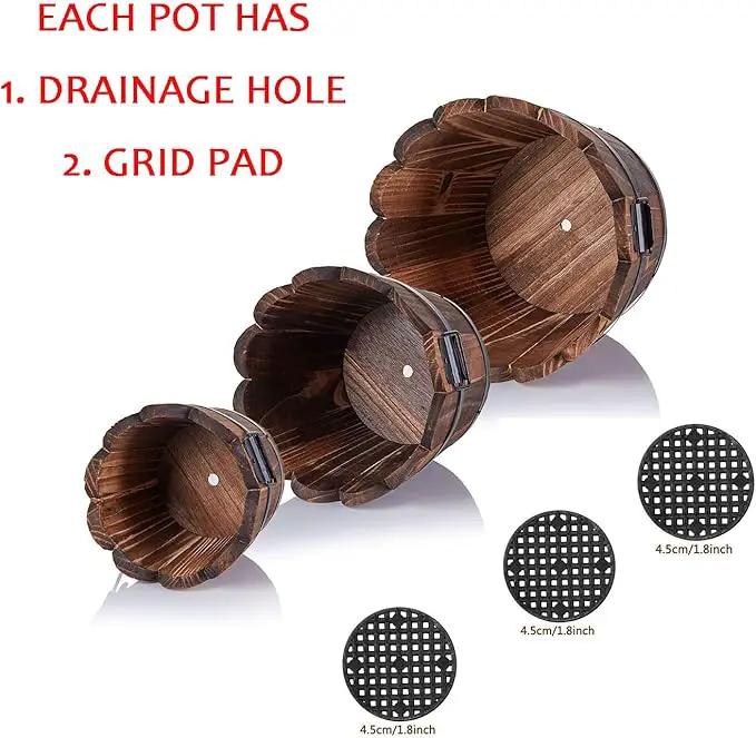 Wooden Bucket Barrel Planters, Small Flower Pot with Drainage Holes for Indoor Plants Home Décor, Set of 3 by GreenHaven Gardens