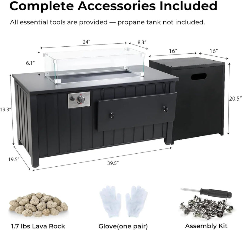 KOL 50,000 BTU Propane Fire Pit Table with Cabinet-39.5in Black Gas Fireplace with Glass Wind Guard & Lid, Outdoor Rectangular Cold Rolled Plate Plastic Spraying Firepits for Patio, Backyard, Balcony by GreenHaven Gardens