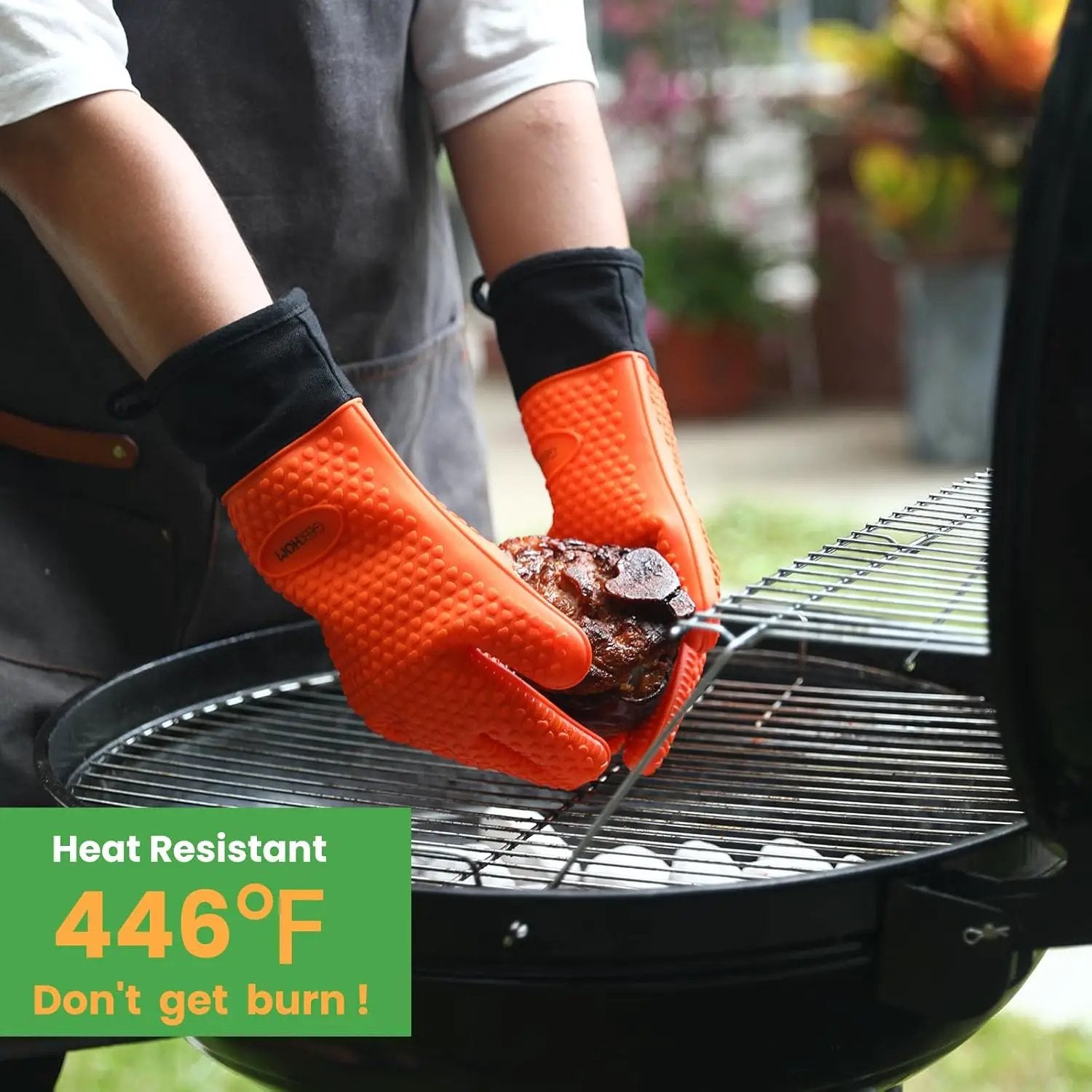 GEEKHOM BBQ Gloves Heat Resistant Oven Mitts - Silicone Grilling Gloves with 13.7" Arm Protection - Waterproof Pot Holder Non-Slip for Men & Women, Kitchen Outdoor Cooking, Baking, Camping, Orange by GreenHaven Gardens
