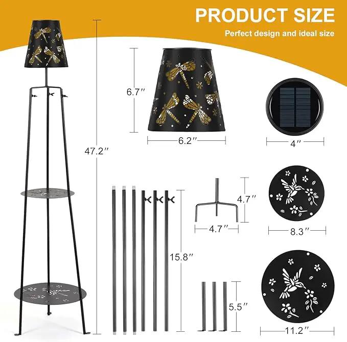 47.2'' Outdoor Metal Solar Floor Lamps with 2 Plant Stand Dragonfly Solar Lights Plant Stand Waterproof Solar Powered Outdoor Lantern Garden Decorative Light for Pathway Patio Porch Deck Yard by GreenHaven Gardens