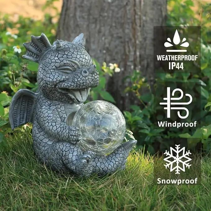Garden Dragon Statue Outdoor Decor, Baby Resin Figurine Holding Magic Orb With Solar LED Lights, 7.1" for Patio, Lawn & Yard, Summer Gift for Mom by GreenHaven Gardens