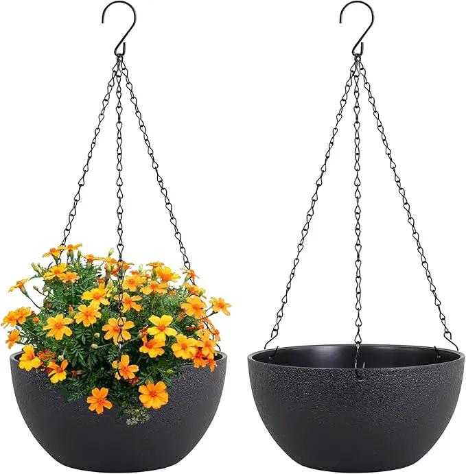 8 inch Small Hanging Planters Plant Pots for Indoor Outdoor Plants, 2 Pack Hanging Flower Pots with Drainage Holes and Chain for Garden Porch, Plastic Hanging Baskets for House Plants, Black by GreenHaven Gardens