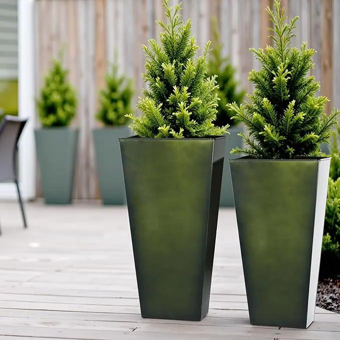 WORTH Garden Large Metal Glazed Planter Set of 2 (25" + 28"), Luxurious Glossy Finish Green Tall Square Tapered Steel Plant Pot, Decor Flower Pot Indoor & Outdoor, Drainage Hole & Dual-Purpose Saucer by GreenHaven Gardens