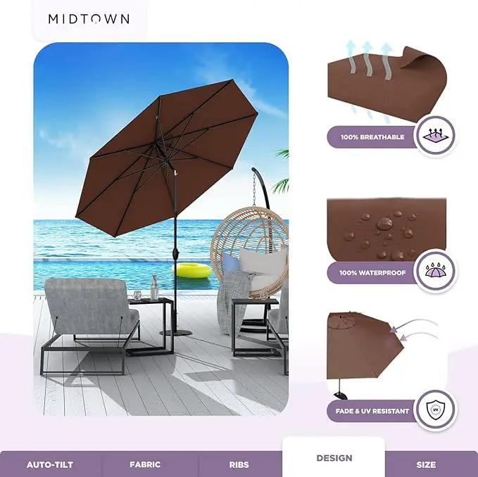 Midtown Umbrellas Sunbrella Umbrella 8 Feet Outdoor Umbrella With Sunbrella Bay Brown Acrylic Fabric - Auto-Tilt Aluminum Frame Patio Umbrella For Backyard, Deck, Garden, Pool - Black Pole by GreenHaven Gardens