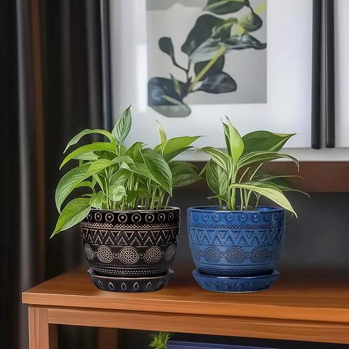G EPGardening 5.5 Inch Ceramic Planter - Ceramic Plant Pot for Indoor Outdoor Plants, Boho Round Flower Pot with Drainage Hole and Saucer, Gifts for Plant Lovers, Office Garden Home Decor, Black by GreenHaven Gardens