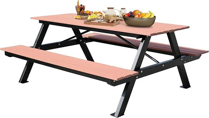 6FT Outdoor Picnic Table and Bench Set with 2" Umbrella Hole, WPC Tabletop Seattop Patio Dining Set for 6 People, Outdoor Dining Table and Chair for Park Garden Yard Patio- Brown by GreenHaven Gardens