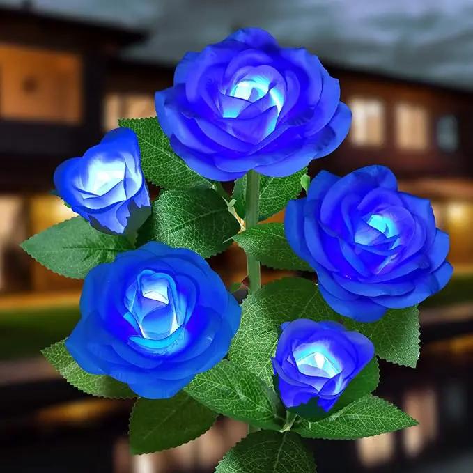 Solar Flower Lights Outdoor - Upgraded New Material Two Modes Realistic LED Solar Powered Waterproof Lights with 5 Roses, Solar Decorative Stake Lights for Garden (Blue, 1 Pack) by GreenHaven Gardens
