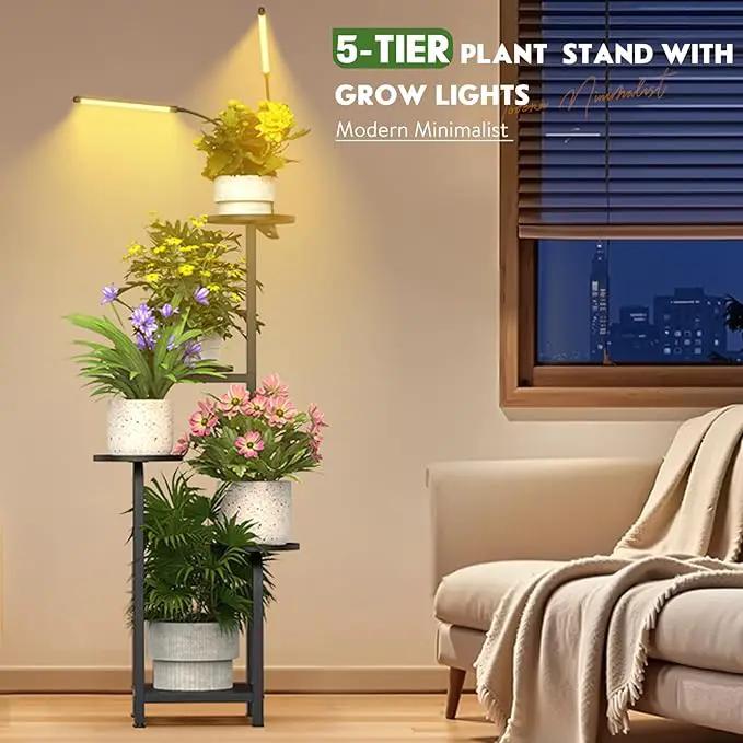 TOSKING 48" Tall Plant Stand with Grow Lights - 5-Tier Corner Plant Shelf with LED Full Spectrum Lights with Dimmer & Timer, Multi-Functional Corner Plant Stand for Home, Office, Balcony (Grow Light 5 Tier-Black) by GreenHaven Gardens
