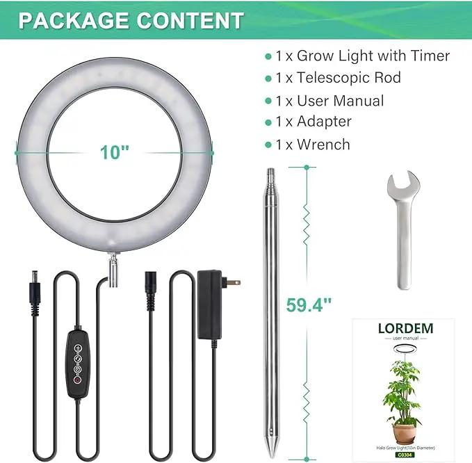 LORDEM 10" Full Spectrum Grow Light, 160 LEDs Plant Lamp for Indoor Plants, Grow Lamp with 4/8/12H Auto Timer, 10 Dimmable Levels, 3 Spectrum Modes, 61" Height Adjustable, Ideal for Large Tall Plants by GreenHaven Gardens