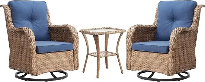 Outdoor Patio Swivel Rocker Chairs - 3 Piece Patio Bistro Set,Wicker Patio Furniture Set with 2 Swivel Rocking Chairs and 1 Glass Top Side Table for Deck Porch Garden,Yellow/Blue by GreenHaven Gardens