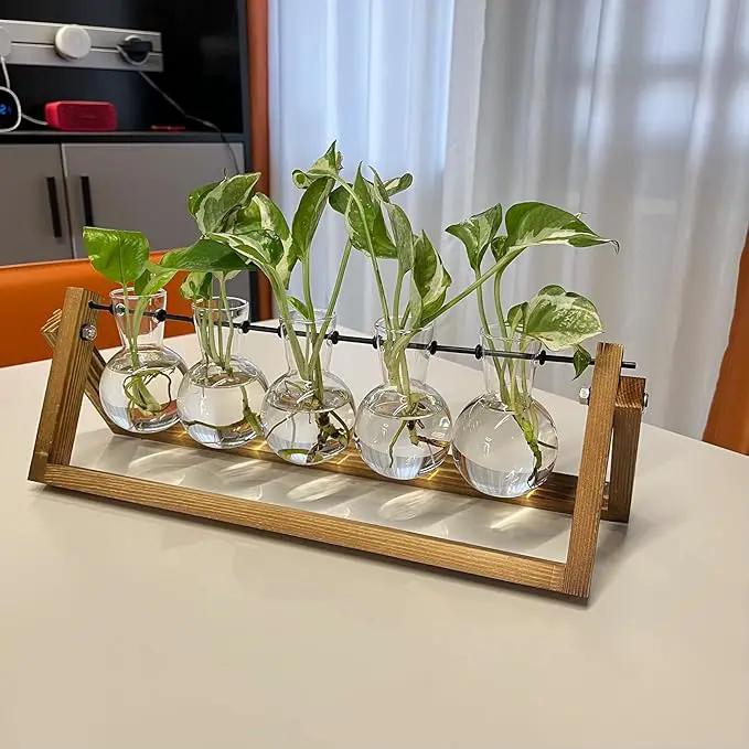Kingbuy Plant Propagation Station with 5 Bulb Vases Retro Wooden Stand Desktop Glass Planter Terrarium for Hydroponics Plants Home Office Décor by GreenHaven Gardens
