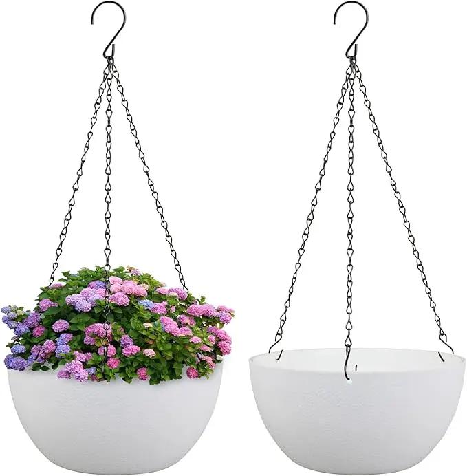 10 inch Hanging Planters for Indoor Outdoor Plants, 2 Pack Hanging Flower Pots with Drainage Holes and Chain for Garden Balcony Porch, Round Plastic Hanging Baskets for House Plants, White by GreenHaven Gardens